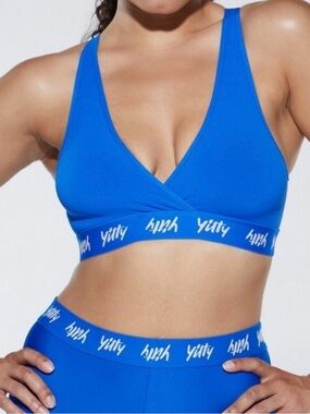 Yitty Fabletics Bralette Major Label Criss Cross front Mesh Back Blue Medium